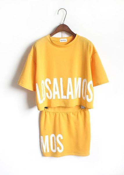 

подходящие женщины 2020 летний корейский стиль повседневные буквы печати футболку карандаш юбка из двух частей установите желтый convunto fe, Gray