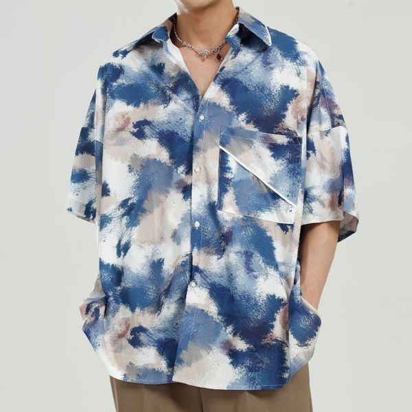 

men summer loose casual retro print tie dye short sleeve shirt male japan korea streetwear vintage shirts, White;black