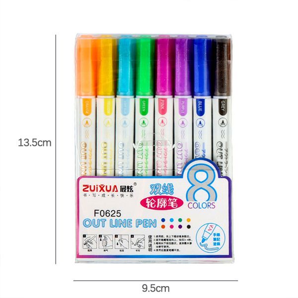 

8 colors outline metallic markers double line magic shimmer paint pens set for kids adults drawing art signature coloring pens