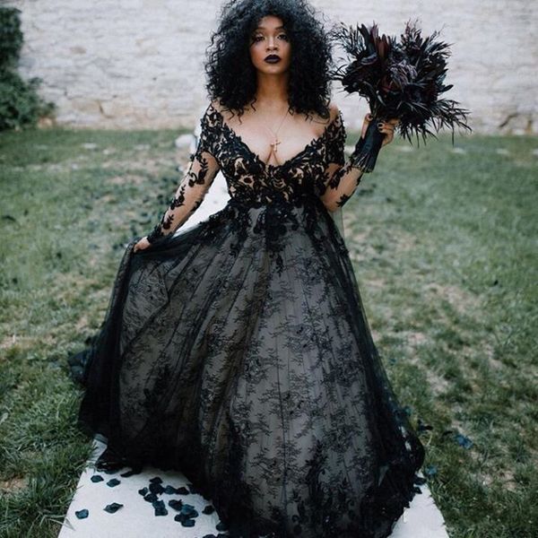 

black lace plus size wedding dresses 2021 v neck applique long sleeves bride gowns backless a line vestidos de fiesta, White