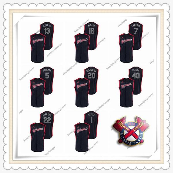 

custom atlanta braves turn ahead clock 16 mccann 7 swanson 5 an 20 donaloson 40 soroka 22 markakis 1 albies baseball jerseys, Blue;black
