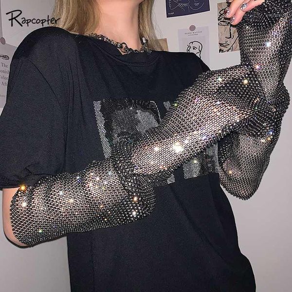 

rapcopter diamond shiny mesh patchwork oversized tshirts printed casual t-shirt women summer fashion t shirt harajuku basic 20201, White