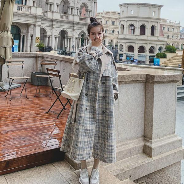 

2020 autumn winter long woolen coat women loose casual fashion bandage lapel wool blend plaid jacket coats1, Black
