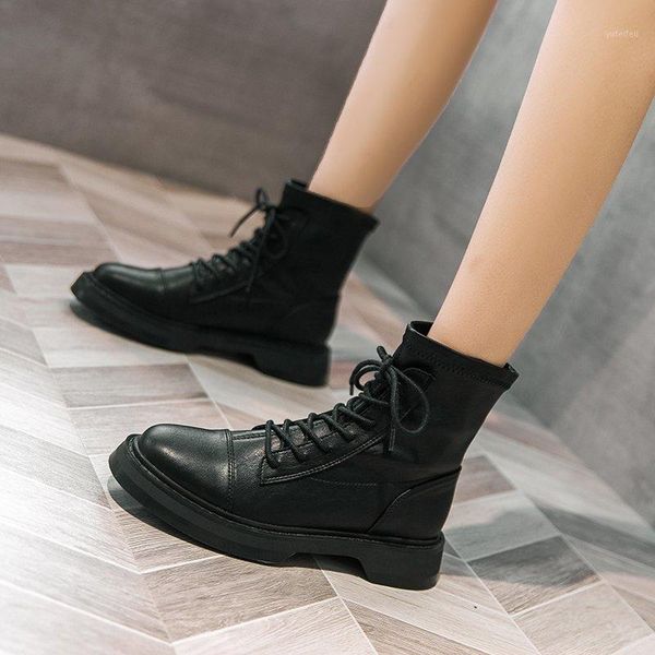 

autumn new solid black leather ankle boots for women shoes woman boots female winter lace up platform motorcycle plus size1
