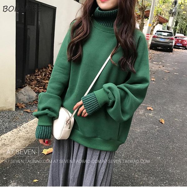 

hoodies women thicken plus velvet loose turtleneck cotton womens sweatshirts korean style solid full sleeve ladies pullover1, Black