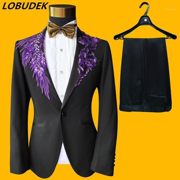 

formal men's dress sequins crystals slim suits male singer singing performance host outfits evening party chorus suit 4 colors1, White;black