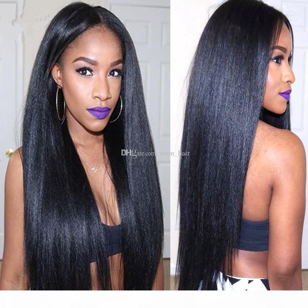 

beat quality yaki straight lace front wig with baby hair italian light yaki brazilian glueless full lace hair wigs for african american, Black;brown