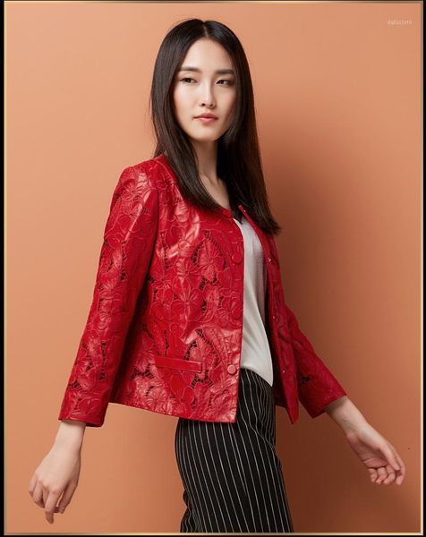 

genuine women fashion leather jacket hollow out natural sheepskin coat for women red real leather jackets wyq1216 s1, Black