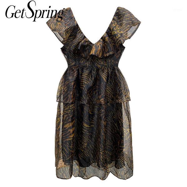 

casual dresses getspring women dress ruffles v-neck sleeveless leopard vintage mesh printing 2021 fashion1, Black;gray
