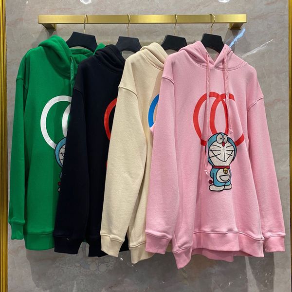 

co branded robot cat embroidered hooded sweater for men and women, Black