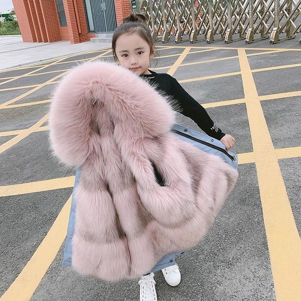 

new 2021 winter kids girls thicken warm faux fur detachable liner parkas children girls hooded jackets fashion child outwear d61, Blue;gray