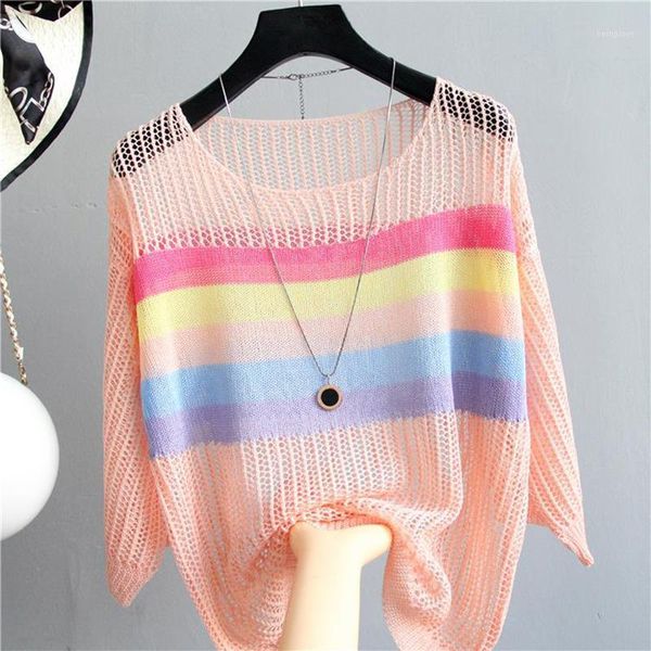 

2020 new hollow sun shirt loose elbow-sleeve cover-up striped color panel ice silk woman sweaters1, White;black