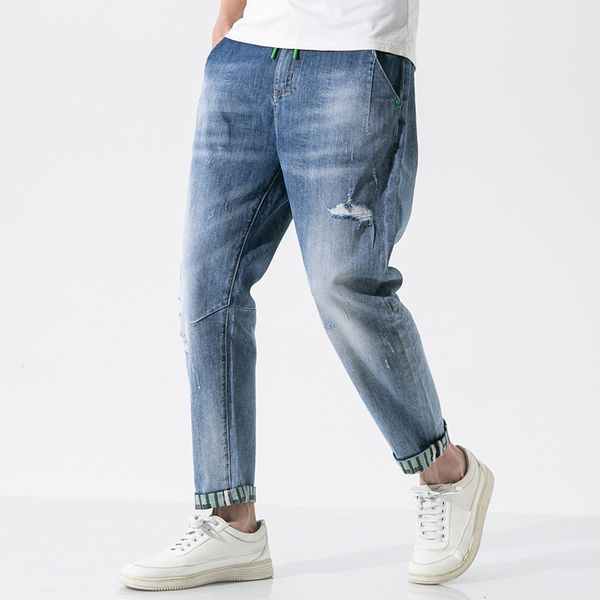 

2020 summer new slim leggings trend hole solid color men's casual jeans, Blue