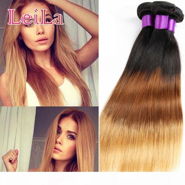 

brazilian virgin hair ombre three tones 1b 4 27 straight human hair extensions 3 bundles 10-28inch 1b 4 27 weaves hair wefts, Black