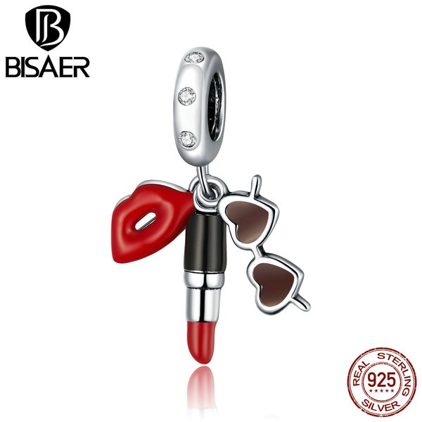 

bisaer lipstick and sunglasses beads 925 sterling silver charms fit bracelet necklace pendant fashion jewelry gift efc346 q1219, Bronze;silver