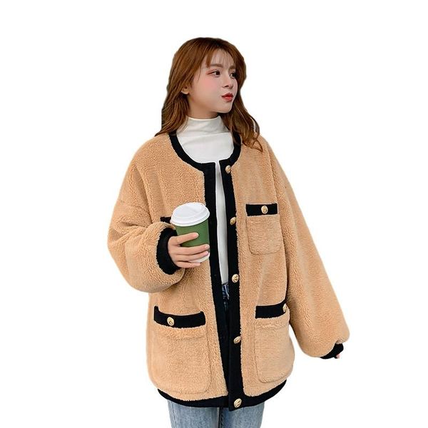 

women's fur & faux winter fashion 2021 woman jacket o-neck single breasted wool coat warm thick short loose plush, Black