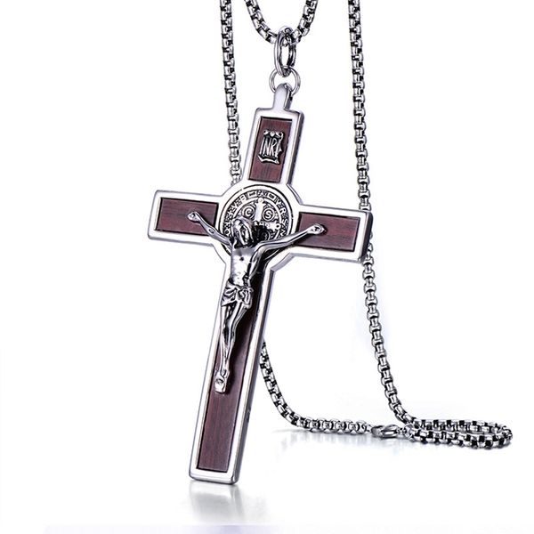 

big wide inri jesus cross crucifix pendant necklaces 316l stainless steel link chain st. barbe catholic jewelry father gift 201013, Silver