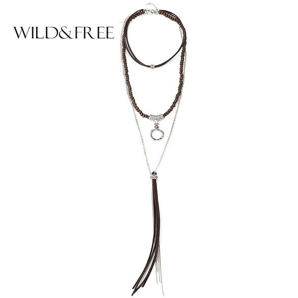 

pendant necklaces women brown wood bead suede chain choker necklace vintage round circle collar jewelry, Silver