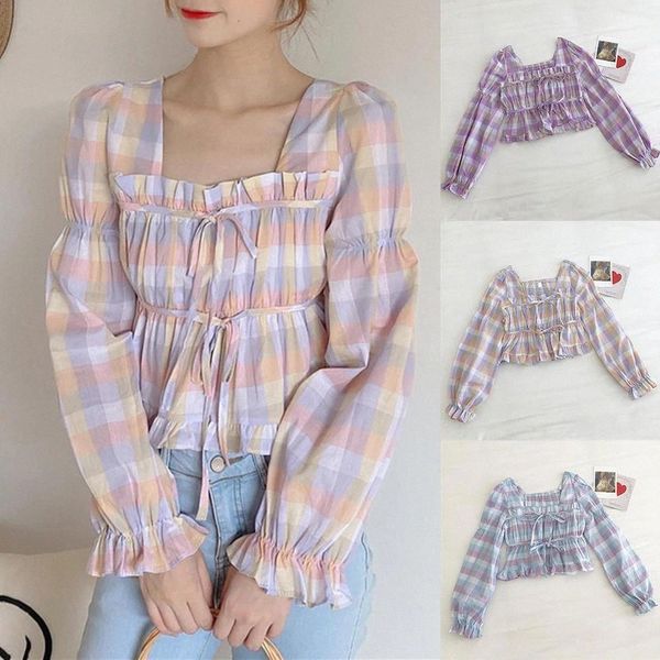 

Sweet Women Square Neck Puff Sleeve Blouse Ruffled Hem Plaid Bandage Crop Top Women's Clothing mujer camisetas 2020 #io04, White