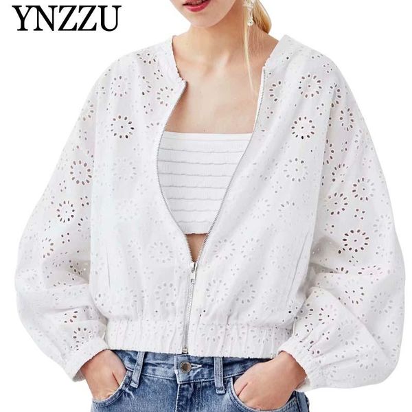 

ynzzu hollow out 2020 spring casual long sleeve lace jacket women zipper loose white bomber jacket coats femme outwears yo786, Black;brown