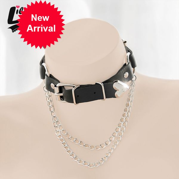 

dark girl with chain collarbone goth loli glue irregular punk fashion love leather, Silver