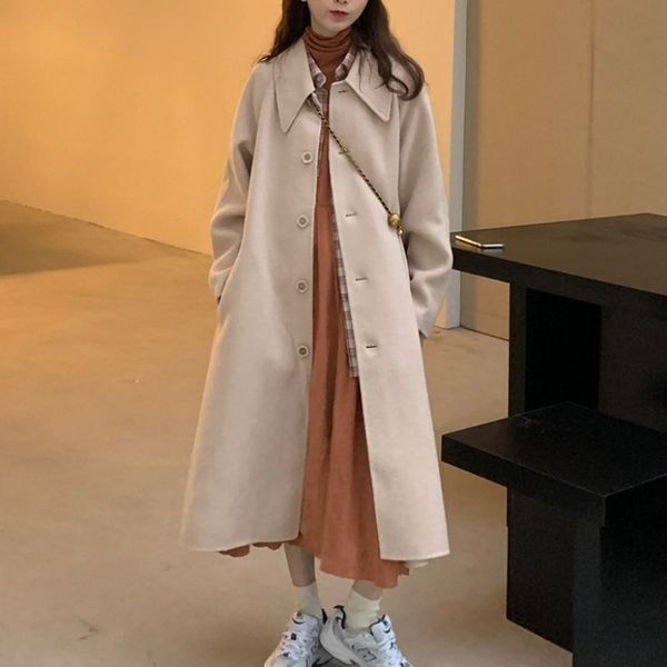 

autumn and winter new korean loose coat fashion all-match mid-length woolen cloak windbreaker women's trend, Black