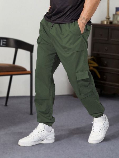 

extended sizes men flap detail drawstring pants f3if#, Black