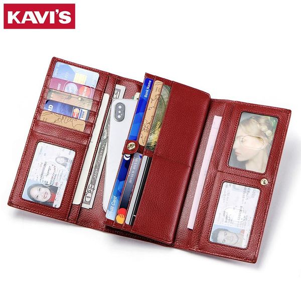 

kavis luxury brand leather wallets women long zipper coin purses clutch wallet female money credit card holder lady perse, Red;black