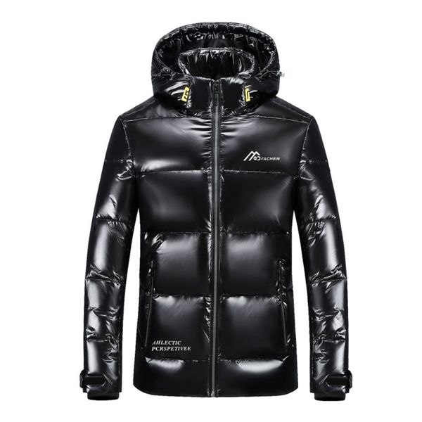 

2021 men's winter jacket 90% white duck removable hat hood warm waterproof zipper coat shiny down parka outwear, Black