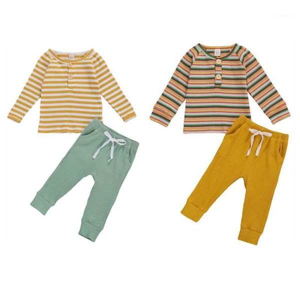 

kids baby spring autumn 2-piece outfit set kids boy girl long sleeve striped and solid color pants set children pajama1, White
