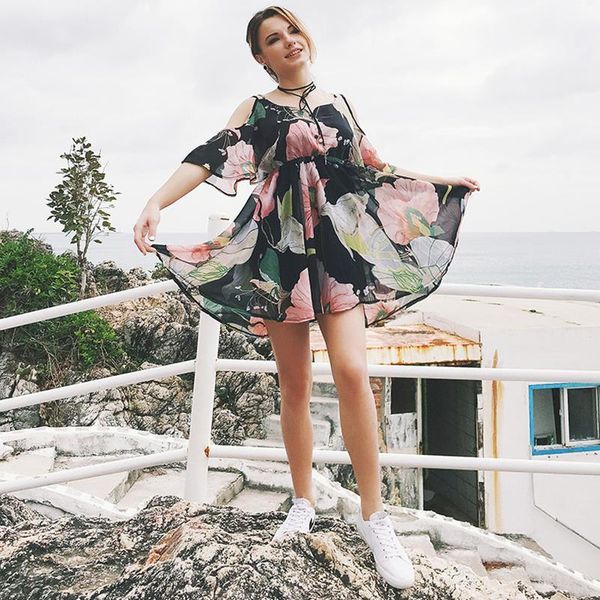 

v neck loose dress hollow out casual summer off 2021 print women loose shoulder dresses maxi style floral the size, Black;gray