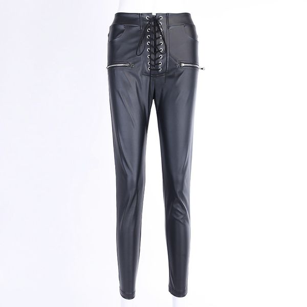 

elegant high waist faux leather pants black faux pu leather pencil pants lace up high waist slim skinny streetwear autumn casual trouser, Black;white