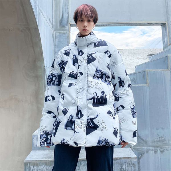 

men's ins popular design movie characters full printing hand-painted padded jackets street style oversize thickened winter coats size m, Black;brown