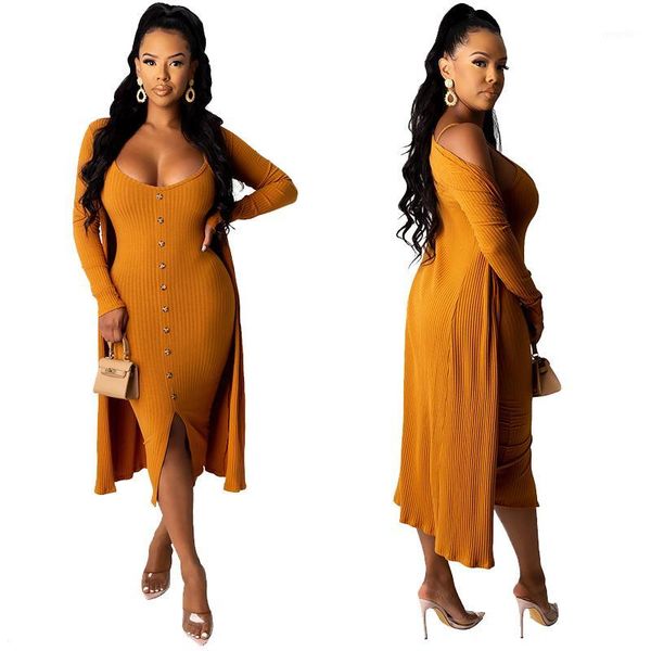 

autumn 2 piece dress set women clothing streetwear outfits for women long sleeve coat midi dress ribbed two piece matching sets1, Gray