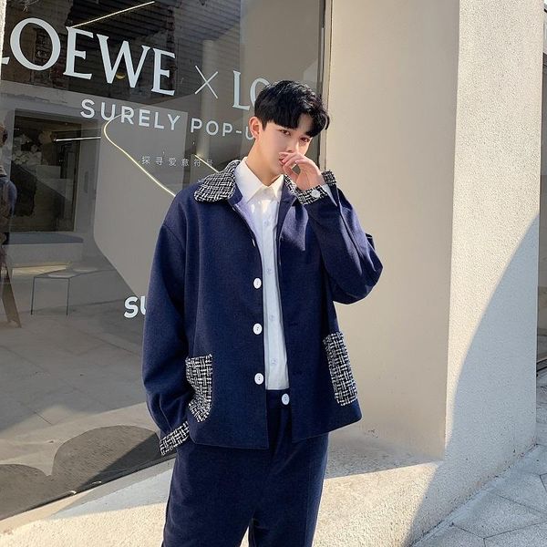 

male vintage fashion streetwear casual jacket pants outerwear wool coat men 2 pcs sets jacket trousers suits, Black;brown