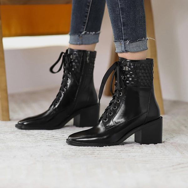 

boots genuine leather women cross-tied ankle square toe zipper shoes woman platform high heels ladies western, Black