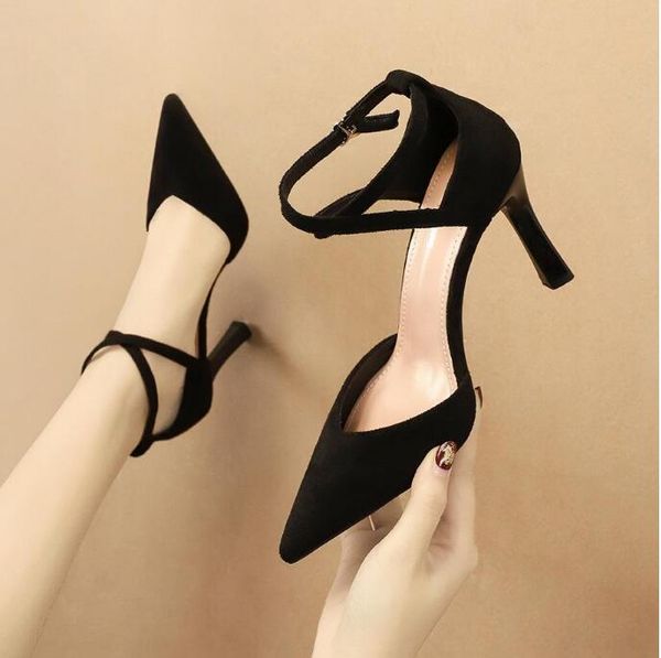 

suede cross-tied office lady single shoes pointed 9cm thin high-heeled women pumps 4 colors size 35-39, Black