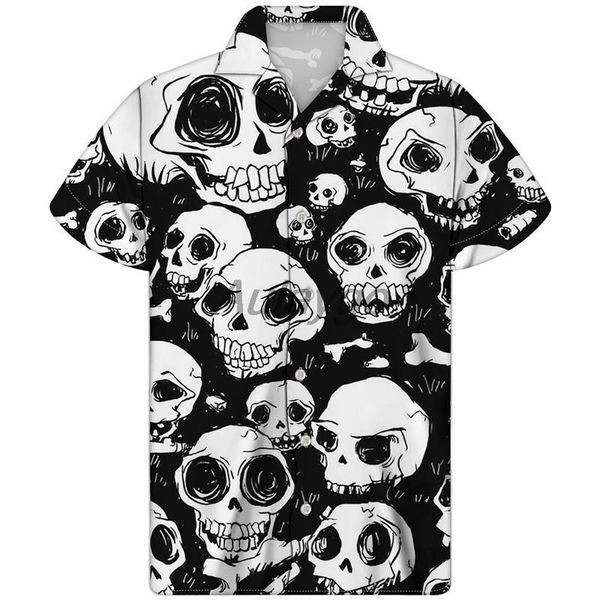 

cuban guayabera camisa hombre рубашка для мужчин серый череп печать гавайские рубашки из ткани повседневная короткая рукава плюс размер мужс, White;black