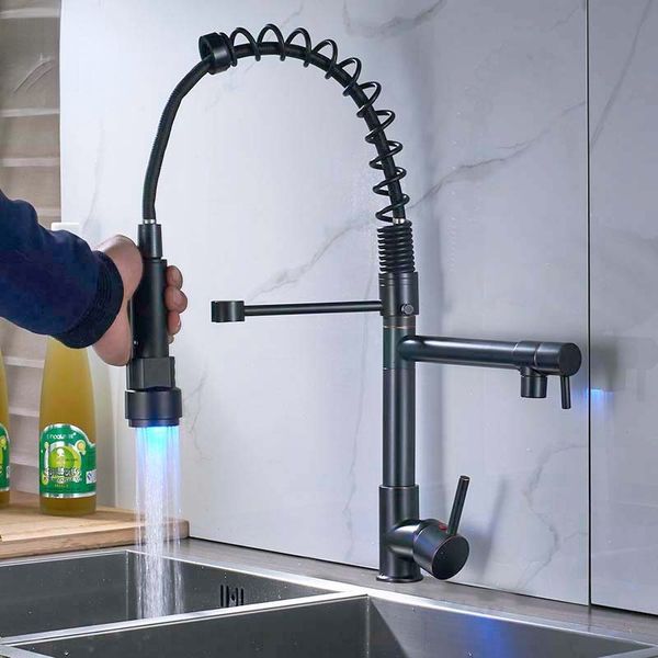 LED-Light Black Bronze Dual-Auslauf Küche Wasserhahn Einzelner Griff Feder Ziehen Sie Wasserhähne für Küchen-Handheld-Küchen-Sprayer