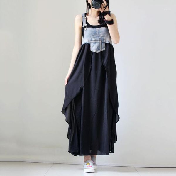 

women dress suspenders dress flounce loose chiffon big swing cowboy dresses vestidos suspenders plus size 3xl1, Black;gray