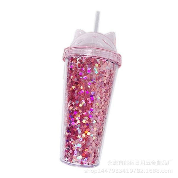 

juice wine glass cat ear flashing double layer cup kids baby cartoon cute creative sequins plastic tumbler with straws 228 g2