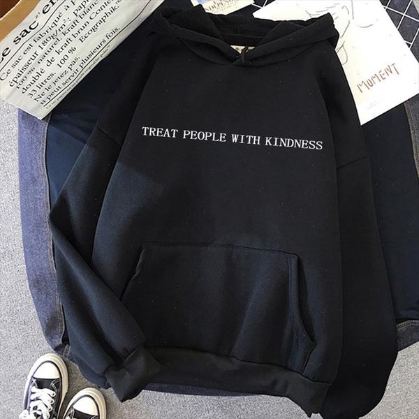 

fashion new harry styles hoodie streetwear women treat people with kindness long sleeve loose hooded sweatshirt harajuku women, Black