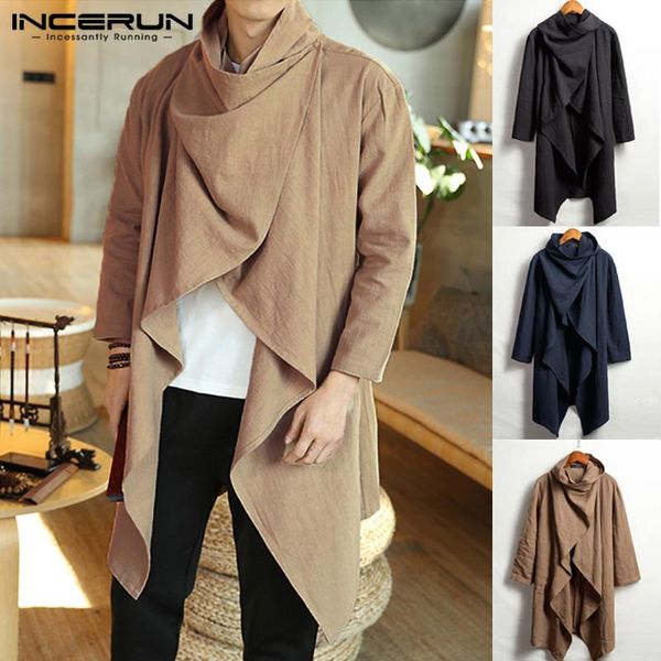 

incerun men trench coats retro cotton turtleneck solid long sleeve outerwear punk style street cloak irregular jackets men 2021, Tan;black