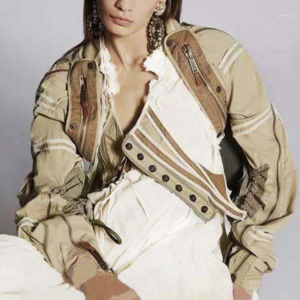 

cool girl color block patchwork short jacket women puff sleeve autumn chaqueta mujer veste femme1, Black;brown