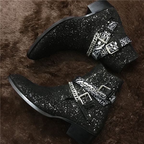

factory outlet catwalk steel chain star catwalk buckle strap genuine leather boots wedge pionted toe shoes, Black