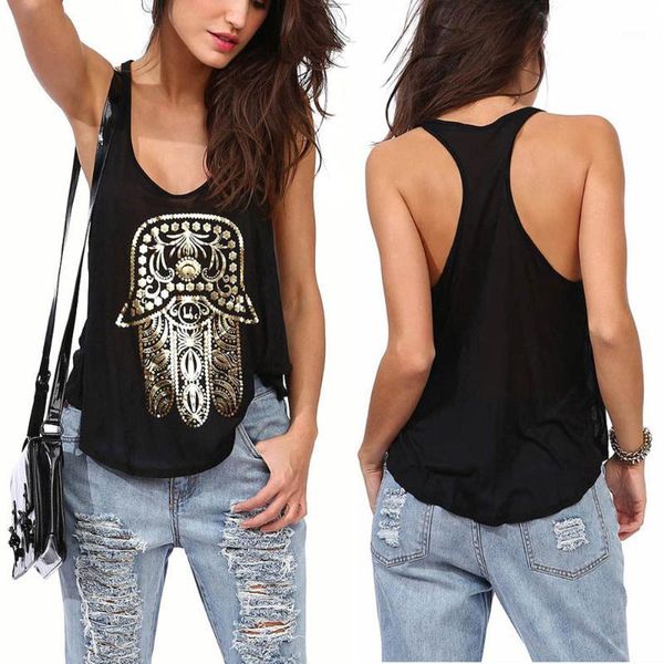 

women gold hamsa hand print vest loose sleeveless tanks punk high fashion tees for women1, White