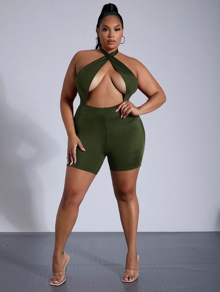 

sxy plus cut out front halter romper p2qd#, Black