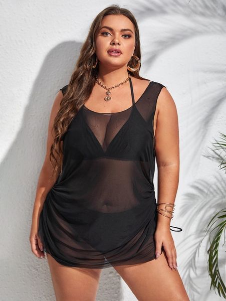 

3pack plus solid halter triangle bikini swimsuit & cover up j98p#, Black