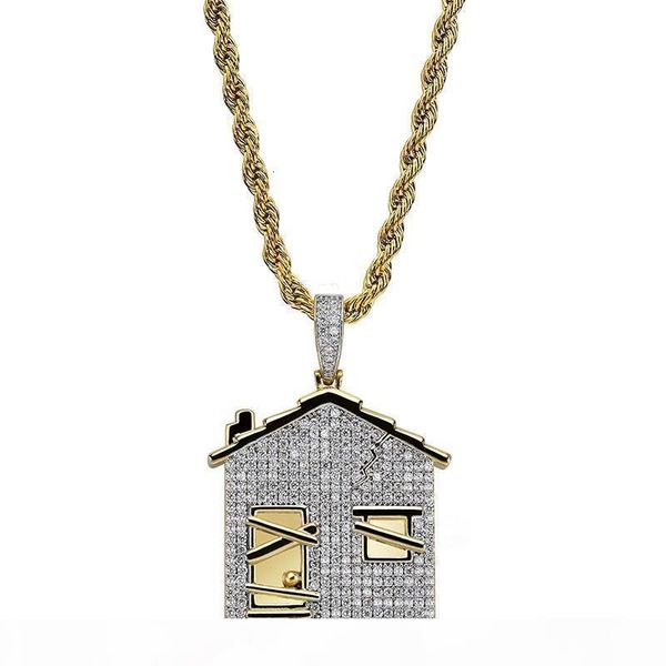 

pendant iced out 14k gold shape plated house necklace micro paved zircon men hip hop jewelrywm9o
