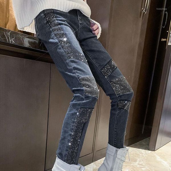 

2020 new summerwomen denim lady's skinny jeans girl's slim trouser sequined high waist elastic waistline pencil pants m1061, Blue